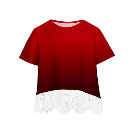 Zwiiyzr 3-14Y Girls T-Shirt Summer Casual Tunic Shirts Crewneck Lace Trim Layered Floral Print Short Sleeve Kids Cute Blouse Tee Top Red
