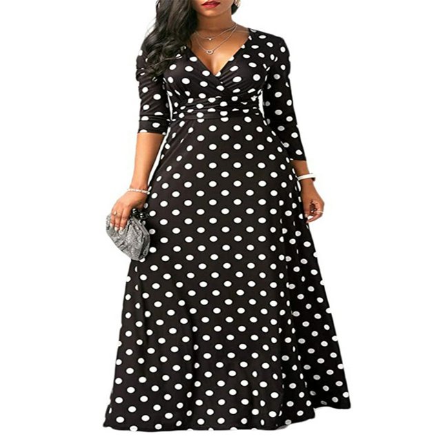 Womens Long Sleeve Polkadot Printed Prom Cocktail Swing Long Dress
