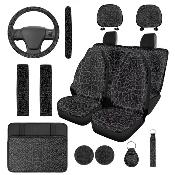 Pzuqiu Black Leopard Print Automobile Interior Sets Car Front Rear Seat Cover Steering Wheel Seat Belt Headrest Center Console Cushion Pad Keychain Coaster 14 Pcs Full Set Covers Fit Most Vehicles