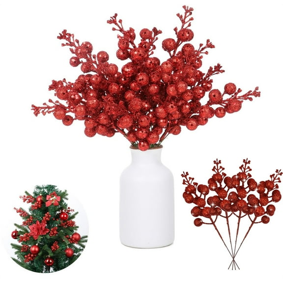 20 Pack Christmas Red Glitter Berries Stems for Christmas Tree Decorations, Duslogis 7.8" Artificial Christmas Berry Tree Picks for DIY Crafts Wreath Garland Party Xmas Ornaments Decor (Red)