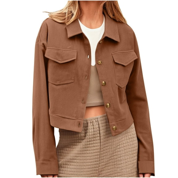 Amidoa Bronze Womens Coats Bomber Corduroy Cropped Shacket Button Lapel Collar Jacket Shackets for Women 2025 L