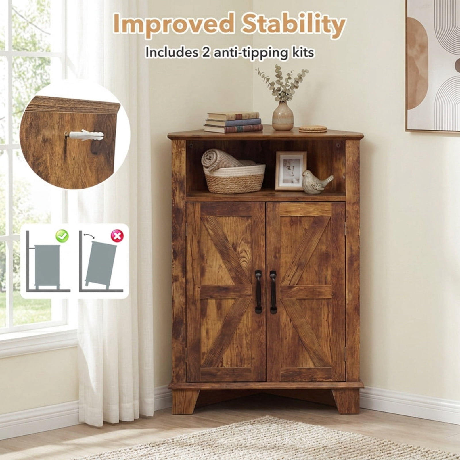 Furnibear 4 Tier Corner Accent Cabinet with Doors Open Shelf and Adjustable Storage for Kitchen Living Room and Entryway, Rustic Brown