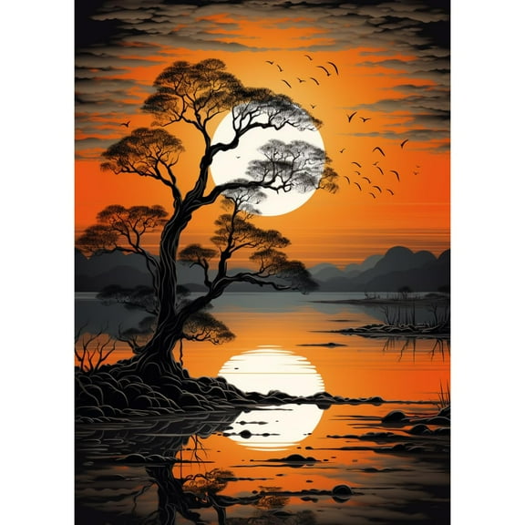 Scene of Lake Tree Bright Moon DIY 5D Diamond Art Paint with Full Drill Round Diamond Gems Painting by Number Kits for Adults Art Craft Home Wall Decoration 11.8x15.8inch(1)