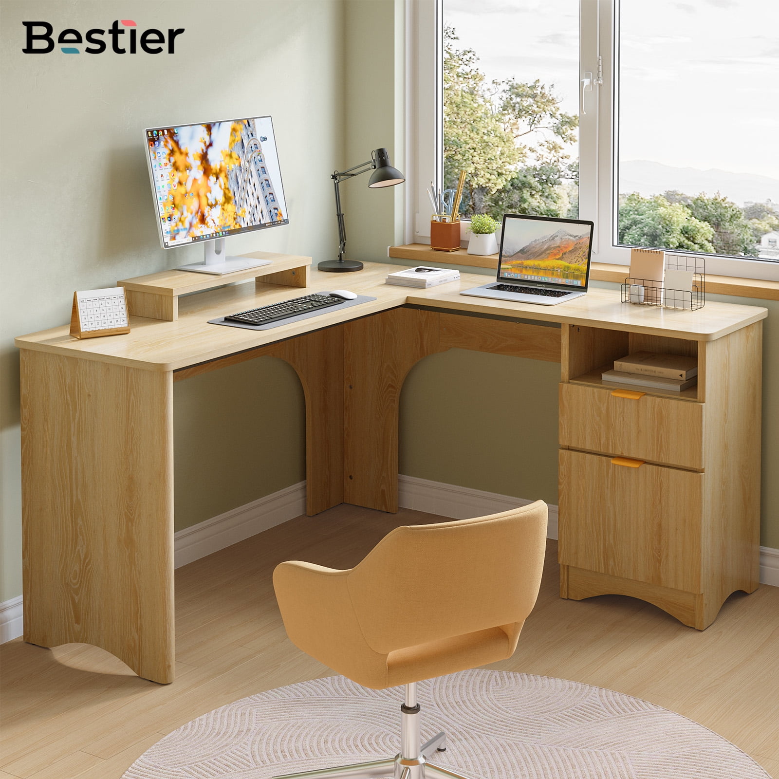 Bestier L Shaped Desk with Drawers, 55.7" x 55" Office Computer Desk with Round Corners, Monitor Stand & Fluted Panels, Natural Oak
