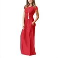 thumbnail image 2 of Women Round Neck Pure Color Long Dress with Pocket Summer Casual Short Sleeve Boho Beach Loose Dress, 2 of 5