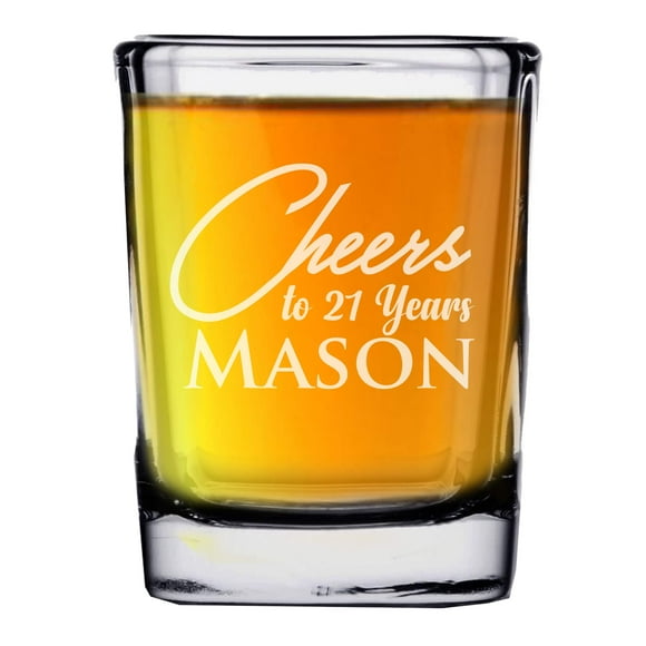 My Personal Memories Customized 21st Birthday Party Shot Glass, Wine Glass, Beer Glass and Champagne Flute - Personalized and Engraved (2 oz Square Shot Glass)