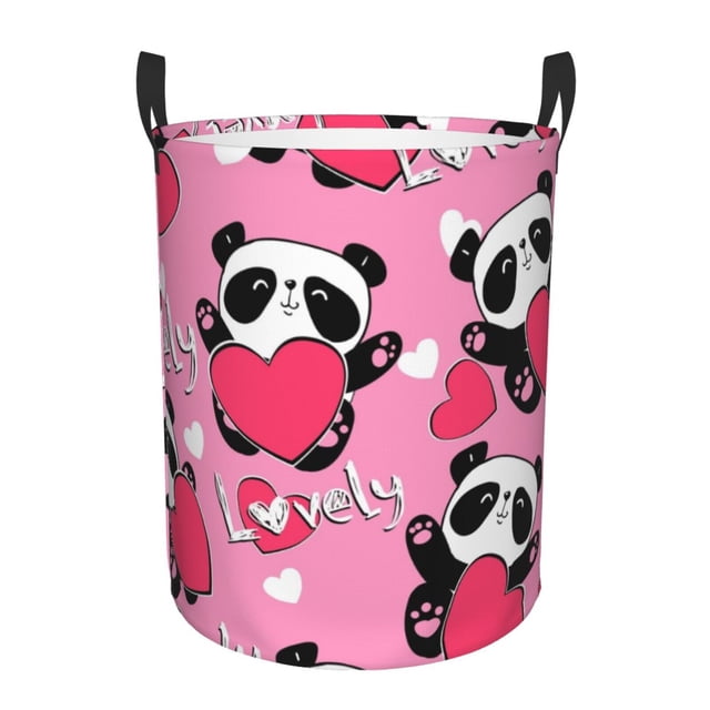Balery Panda Heart Valentine Pink Cesta de ropa redonda con asas, impermeable, independiente, para ropa, juguetes, dormitorio y familia-Small