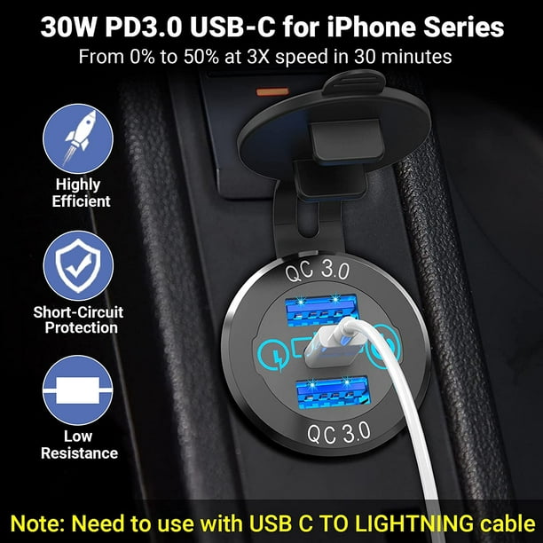 Prise de chargeur de voiture USB C 12 V, Qidoe 60 W Triple prise USB 30 W  PD USB-C et deux ports QC3.0 avec bouton marche/arrêt étanche 