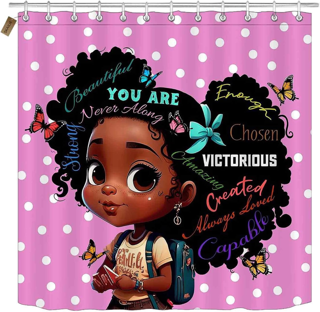 4PCS Black Girl Magic Shower Curtain Set, Cute Princess African American Girl Pink Bathroom Decor for Girls Kids Teens, Inspirational Gifts for Women, Non-Slip Bath Mats Toilet Rugs