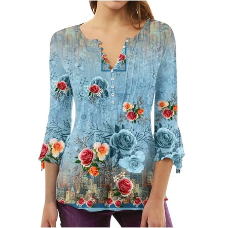 

AIEOTT Tops for Women Summer Clearance Womens Blouses Women s Trumpet 3/4 Sleeve Print Buttoned Basic Ruched Corset Tunic Tops Pleated T-shirts Blouses Fashion Casual Womens Tshirts Christmas Gift