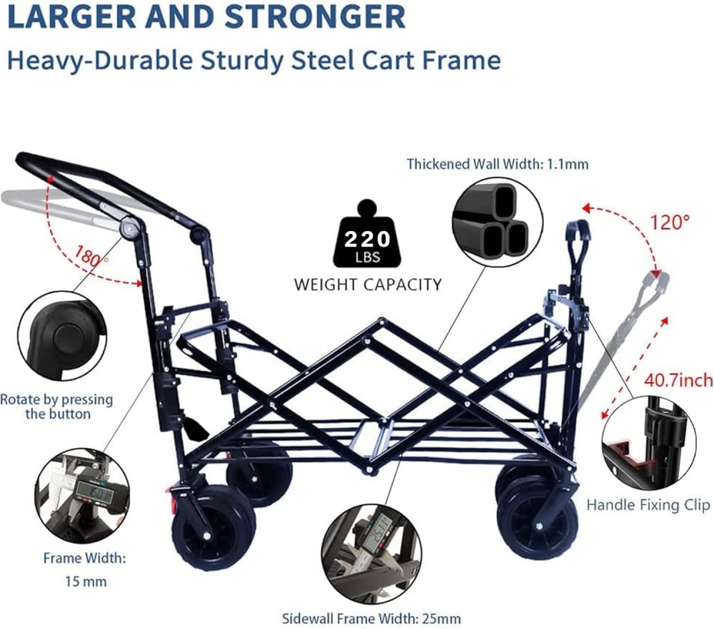 Collapsible Wagon Wagon Cart with Removable Canopy, Heavy Duty Foldable Beach Wagon with  All Terrain Wheels and Brake, Adjustable Push Pull Handle, 220LBS Cooler Bag Utility Carts for Outdoor