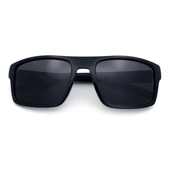 SA106 Mens Polarized Flat Top Square Sunglasses Matte Finish Rectangular UV400 Anti Glare Driving Shiny Black Frame - Black Lens