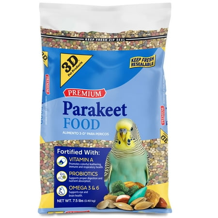 3-D Pet Products Premium Parakeet Bird Food, with Probiotics, 7.5 lb. Zipper Seal Bag, for Daily Feeding