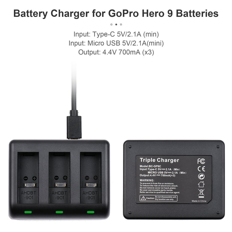 Probty-Batterie avec triple chargeur USB Type C, caméras noires, 1680mAh,  adapté pour GoPro fore7, fore6, fore5