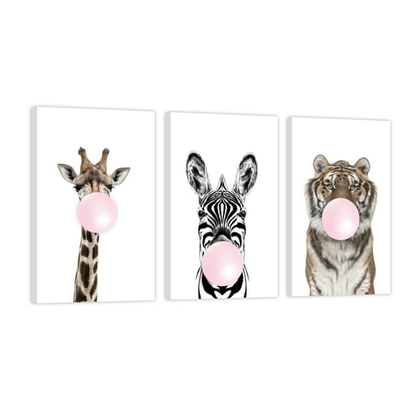 Cuadro Decorativo Tríptico Vertical Animales con Chicle Canvas Revolution Set De 3 Cuadros 30x45 cm