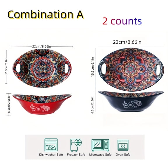 2-Pcs Bohemian Ceramic Salad Bowls with Handles - Microwave Dishwasher Safe Stackable Oval Kitchen Essentials