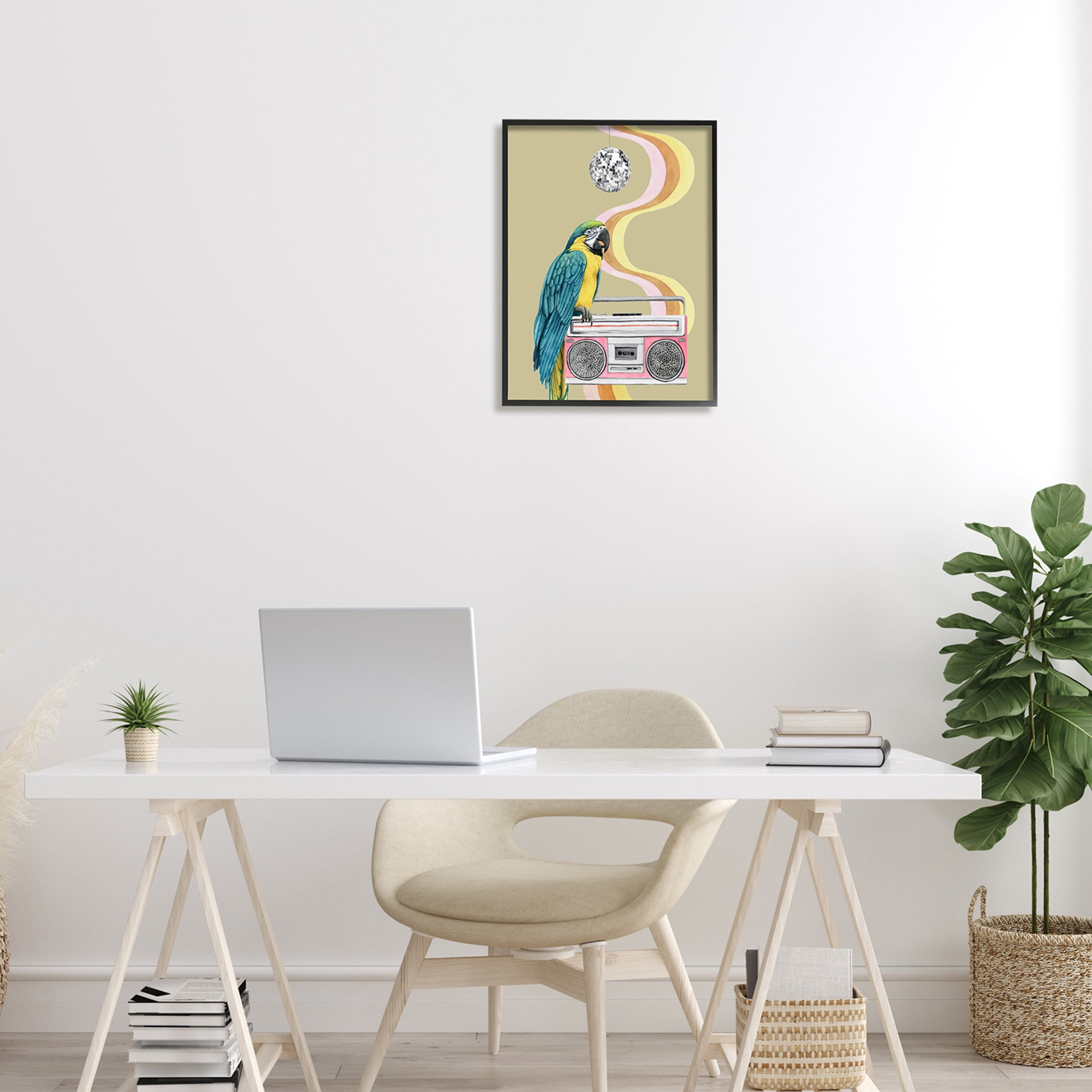 Stupell Industries Groovy Parrot Pink Boombox Retro Disco Ball Graphic Art Black Framed Art Print Wall Art, 16x20, by Grace Popp