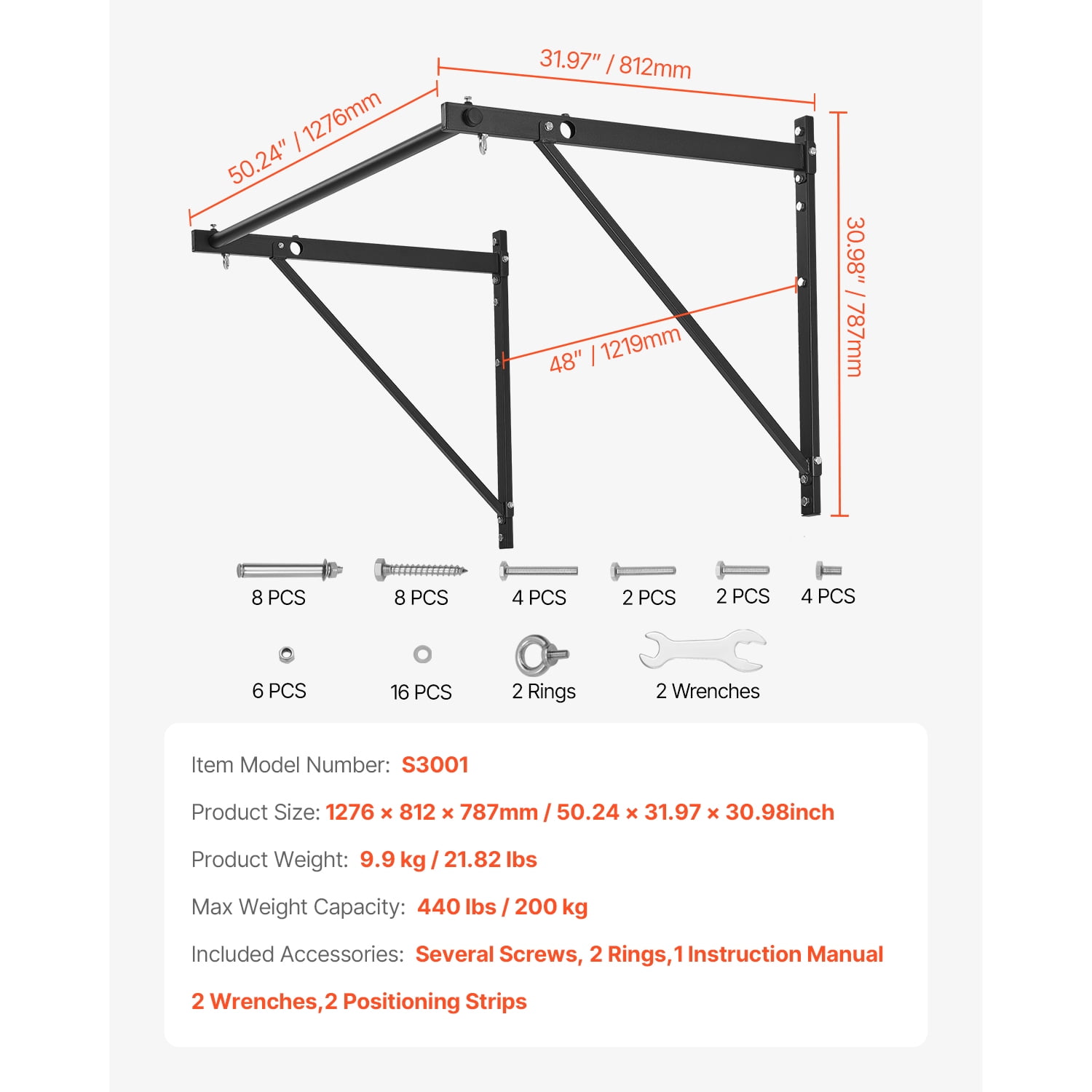 KFFKFF Chin Up Bar, Wall Installation, 50 inches Wide, Depth Alterable between 22" and 30" from Wall, Robust Steel Constructed Workout Bars, Can Sustain 440 lbs Weight