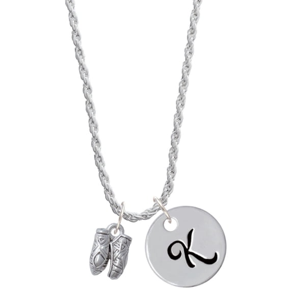 Delight Jewelry Silvertone Small Ballet Slippers Silvertone Script Initial Disc - K - Charm Necklace, 20"+3"