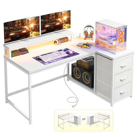 Computer Desk White Desk With Drawers l Shaped Desk with Monitor Stand Gaming Desk with LED Lights & Power Outlet for Gaming Room,Home Office,Bedroom,40"L x32"W x36"H
