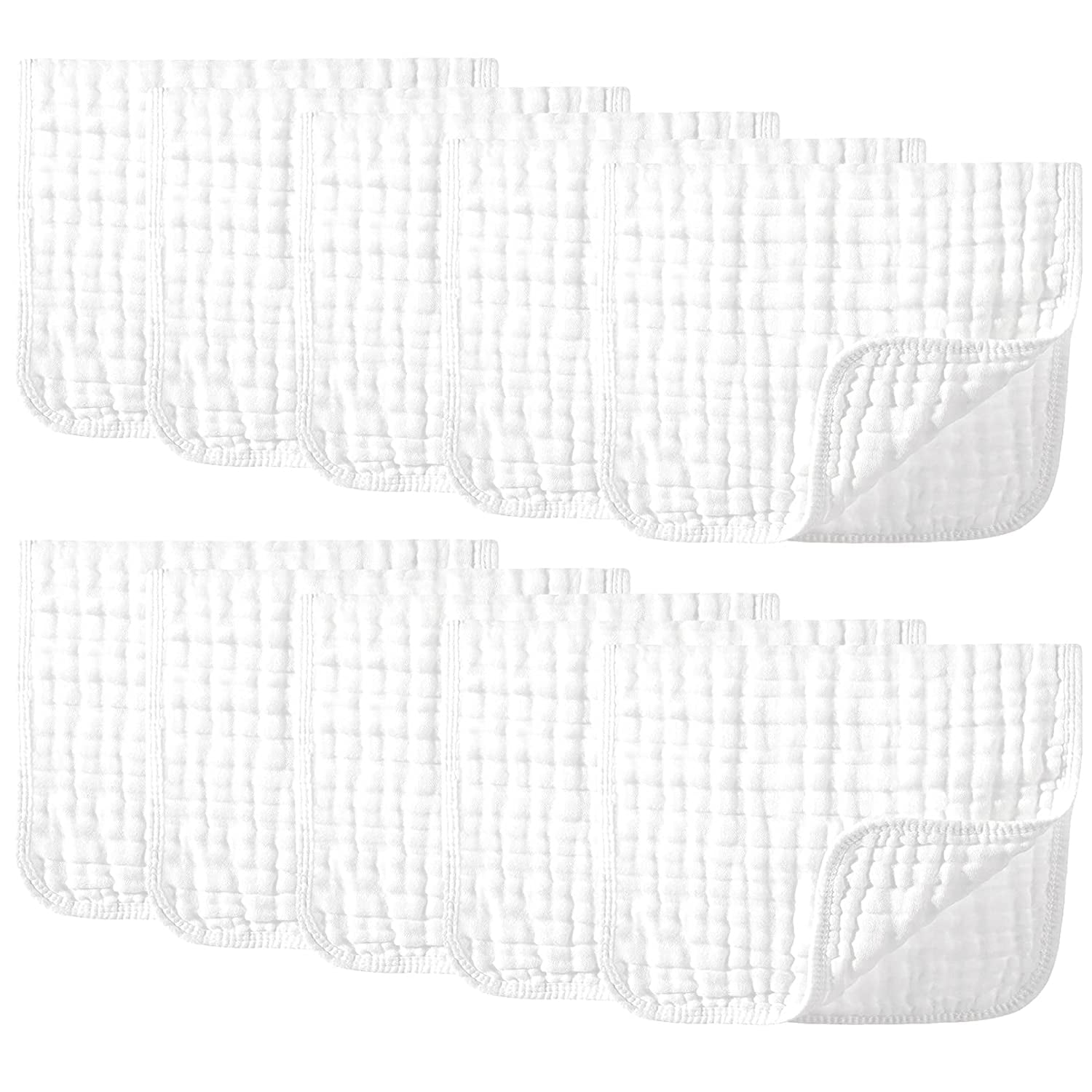 Muslin Burp Cloths 10 Pack Baby Washcloths Large 20''X10'' 100% Cotton 6 Layers Super Soft and Absorbent - White
