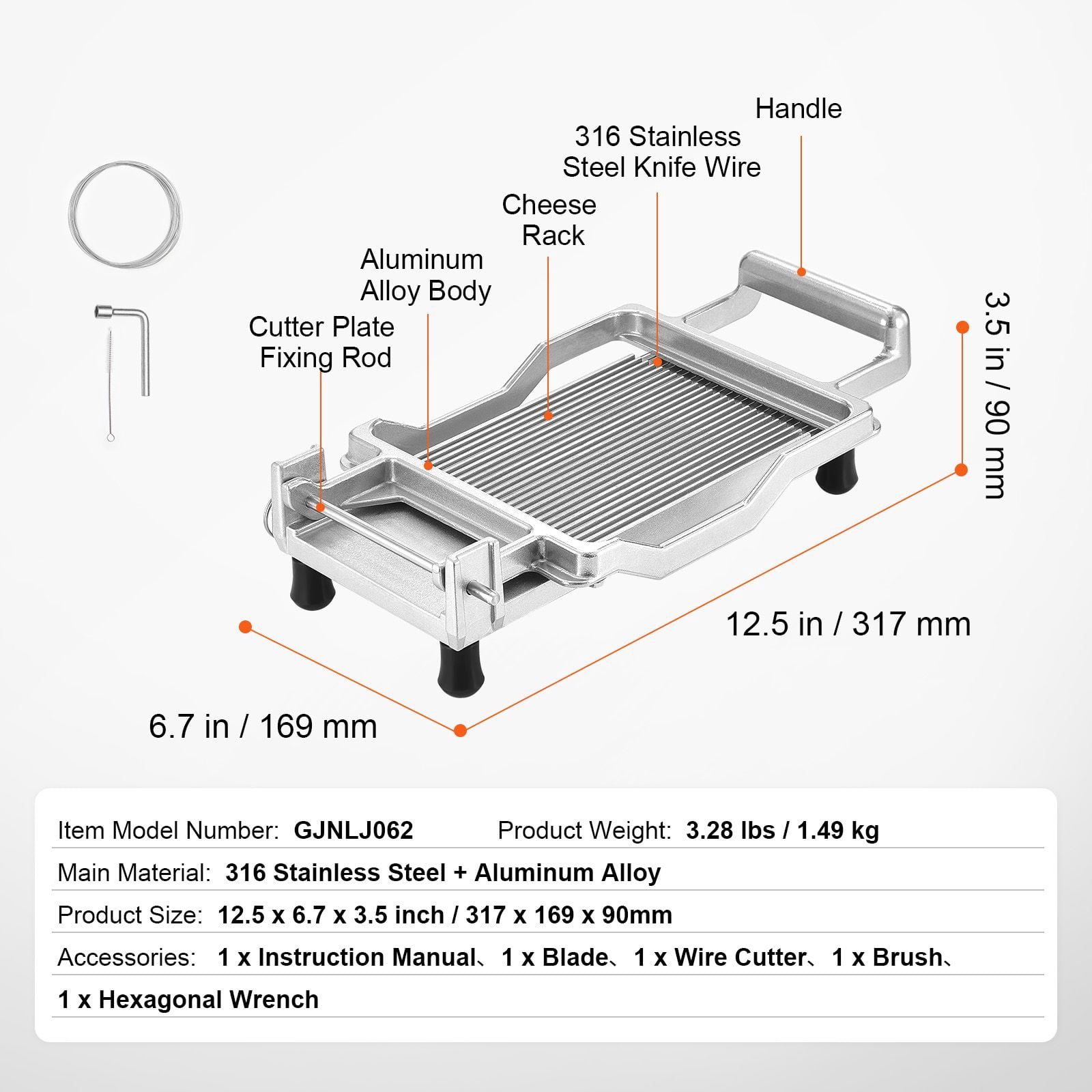 Ultra-Thin Cheese and Bread Slicer 0.2 Inch Thickness 316 Stainless Steel Blades Aluminum Alloy Body Detachable for Cheese Bread Tofu Sausage