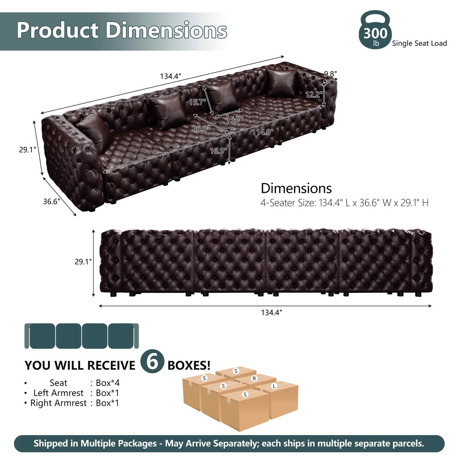 MAYEERTY 134.4" 4‑Seat Faux‑Leather Modular Sofa, Handcrafted Button Tufted Couch with 4 Pillows for Living Room & Small Apartment