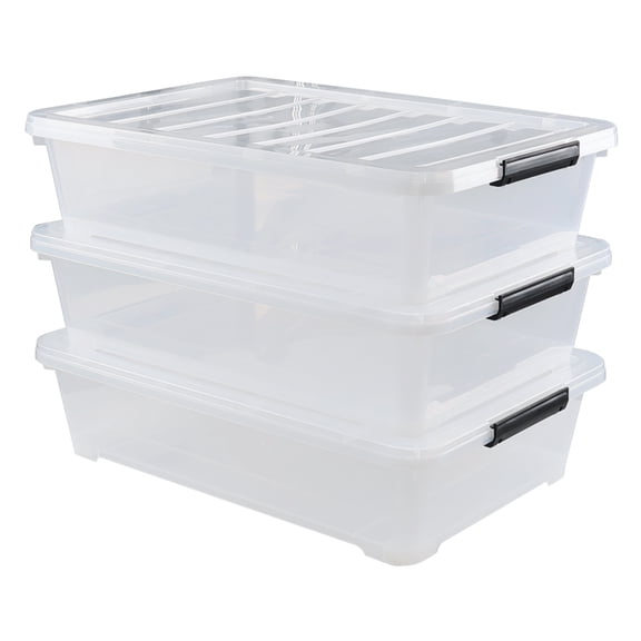 Gloreen 40 L Plastic Under Bed Storage Box on Wheels, Large Clear Lidded Storage Bin, 3 Pack