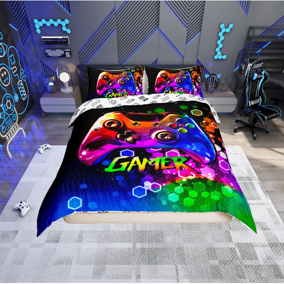 Erosebridal Male Gamepads Comforter Cover Twin,Video Game Bedding Twin Size,Gradient Honeycomb Duvet Cover Twin,Super Cozy Geometric Room Decor,Reversible,2-Piece(No Comforter)