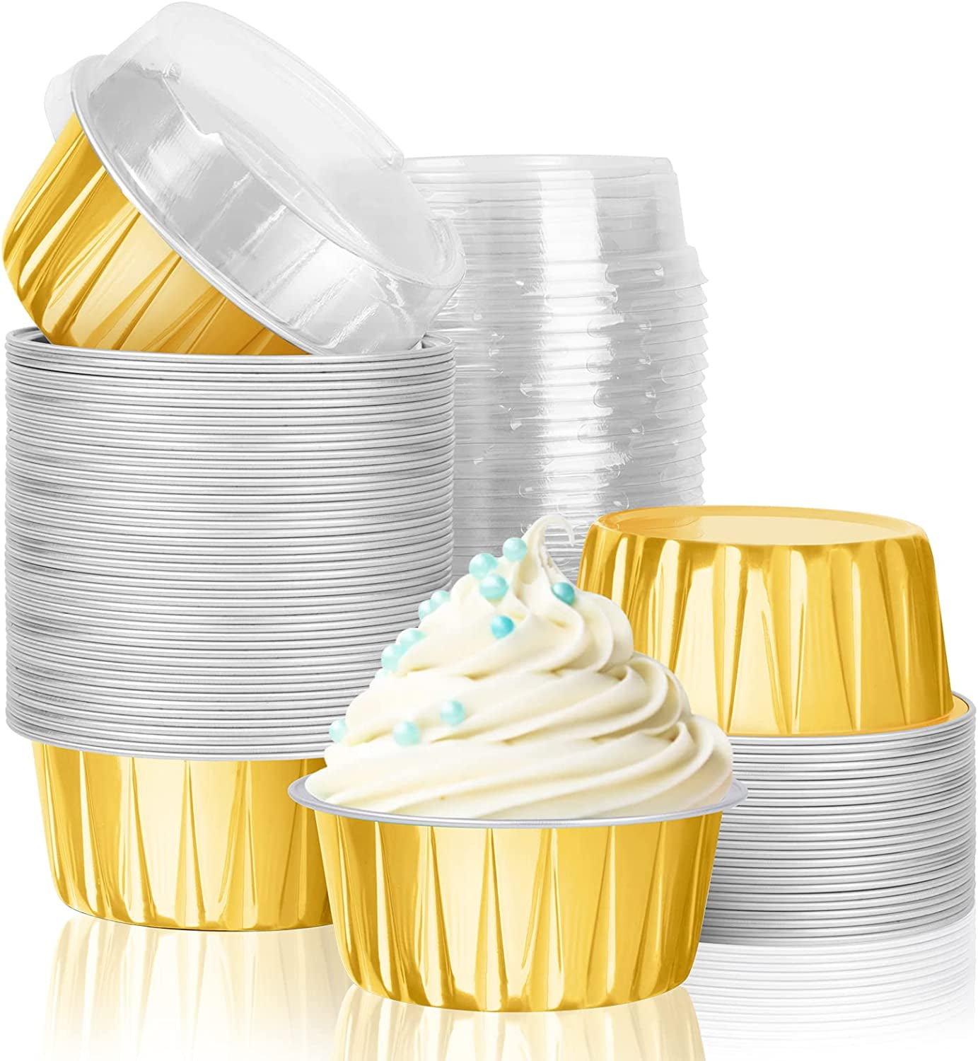 Foil Baking Cups with Lids,HEYYUMI 50pcs 5oz Aluminum Foil Cupcake Cups Liners,Mini Cake Pans,Disposable Muffin Tins,Snack Pudding Dessert Cup with Lid,Disposable Ramekins Containers Flans (Gold)