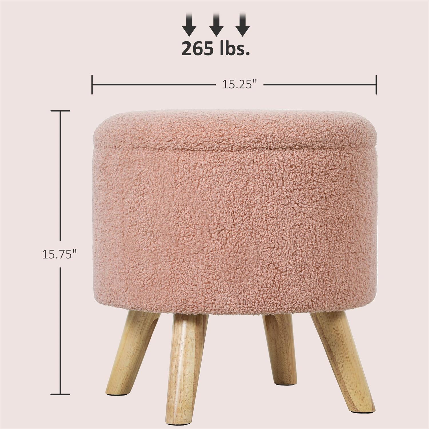 Demi Bonn 15" Ottoman Stool with Storage and Padded Seat, Round Footstool with Hidden Space and Wood Legs for Living Room, Pink