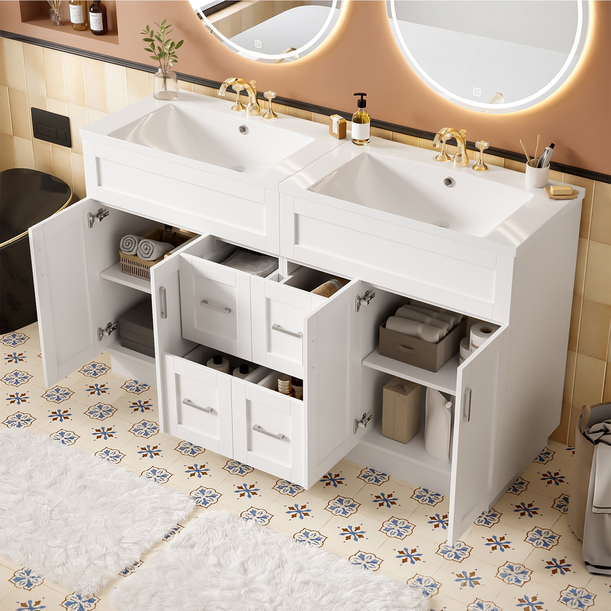 Harper & Bright Designs 60 inch Double Sink Bathroom Vanity, Free Standing Basin Vanity Set with 4 Cabinet Doors, 4 Drawers, 2 Adjustable Shelves, Hidden Soft-Close Drawers & Soft-Close Hinges, White