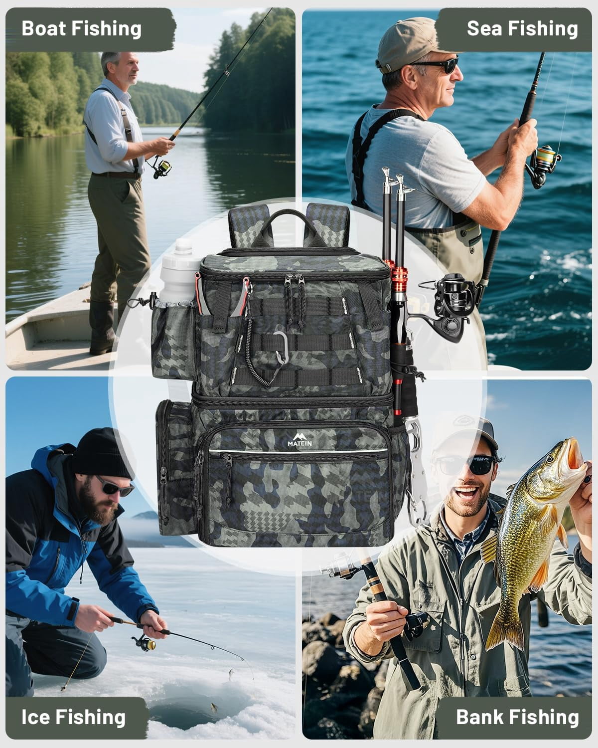 Matein Fishing Backpack with 4 Tackle Boxes, Water-Resistant Fishing Bag Store Fishing Gear and Equipment for Men