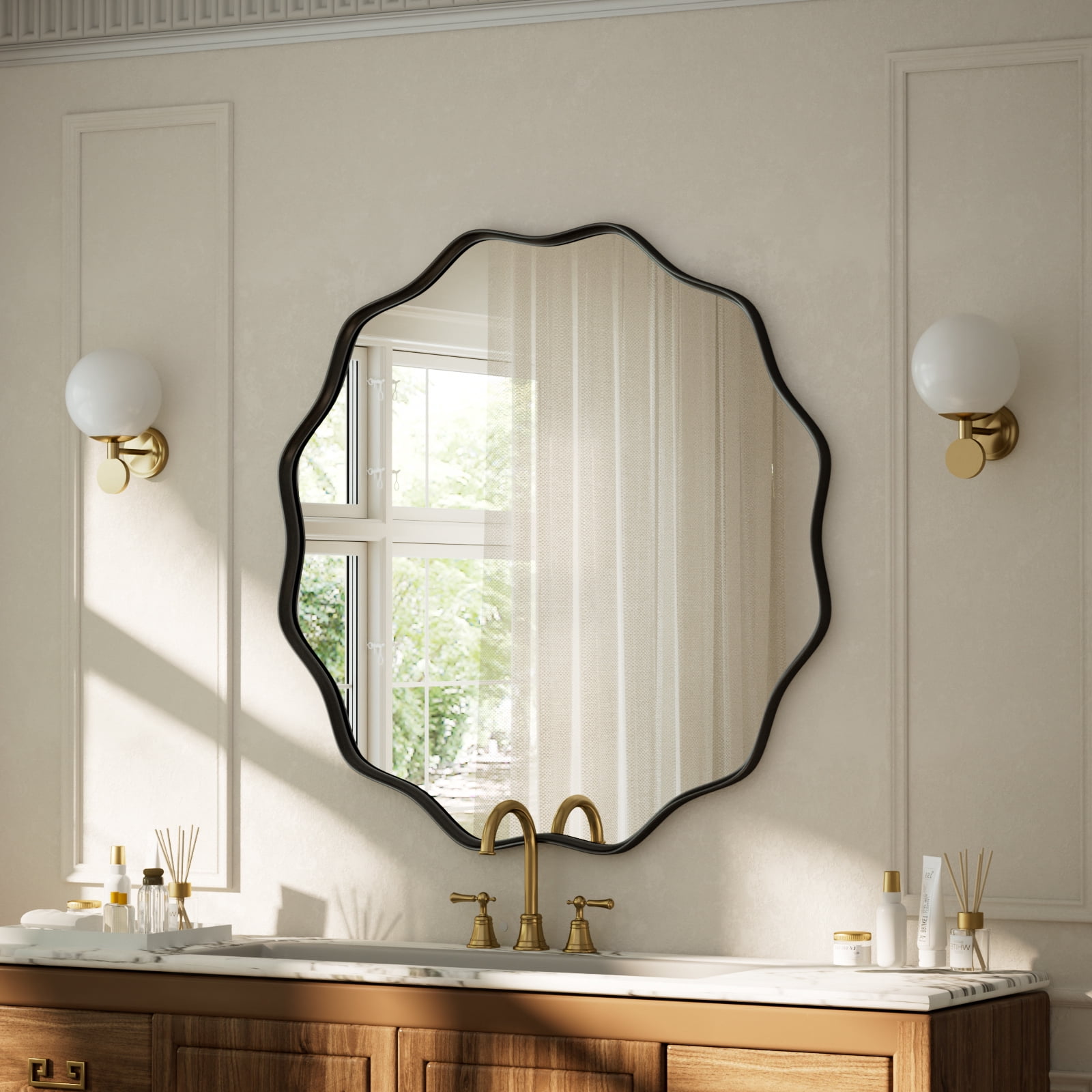 GRAHMCY 24" Wavy Round Bathroom Mirror Decorative Wall Mirror With Deep Frame, Black