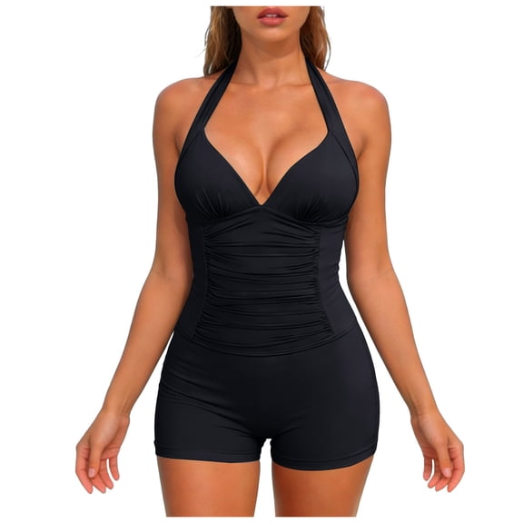 BOBOGOJP Women's Retro Halter Bathing Suits Vintage One Piece Swimsuit for Women Tummy Control Plus Boy-Leg Ruched Push up Swimsuit Black for Size M