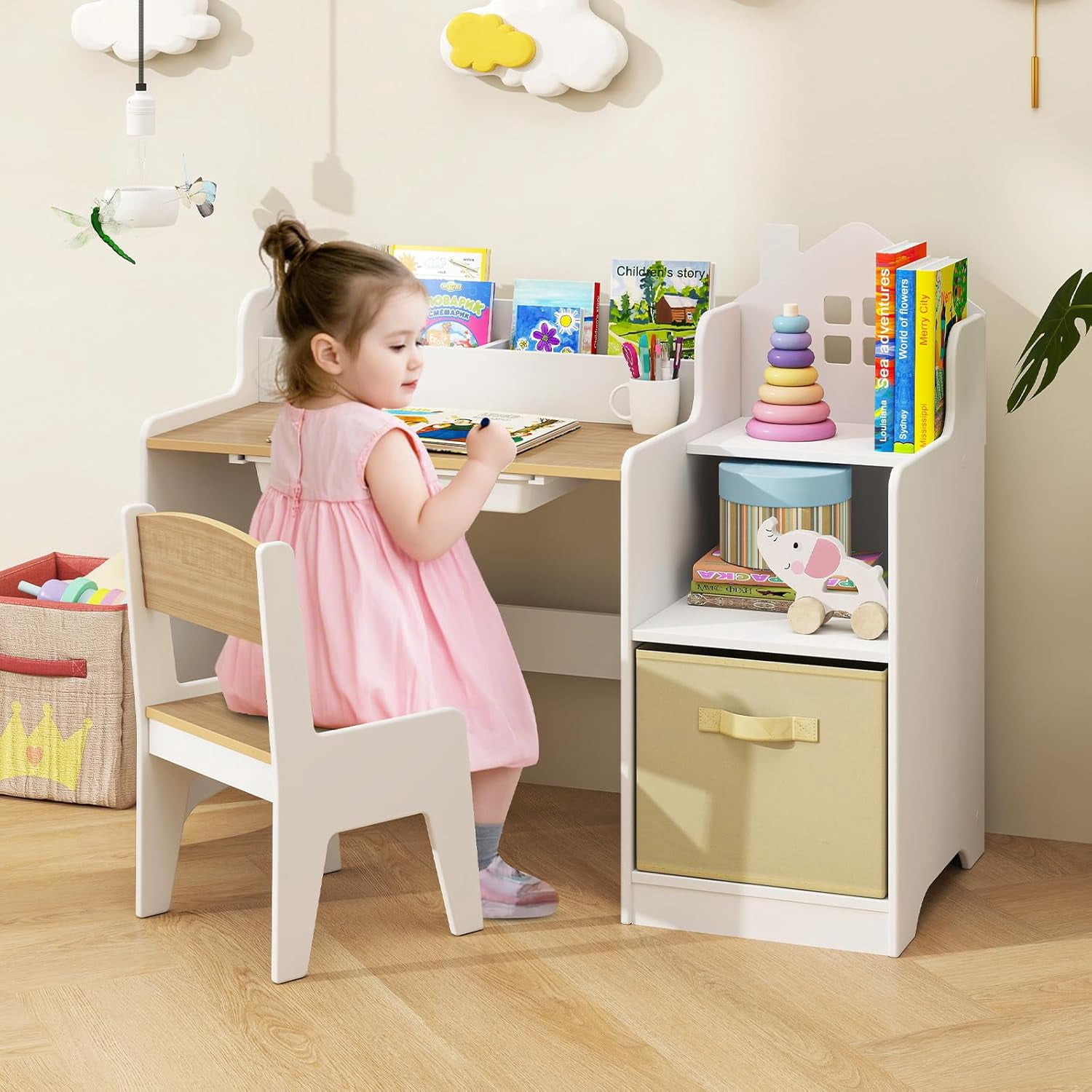 OLAKIDS Kids Table and Chair Set, Toddler Art Craft Play Wood Activity Desk with Chairs Storage Canvas Bin for Writing Drawing, Children Furniture for Daycare Nursery Boys Girls 3+