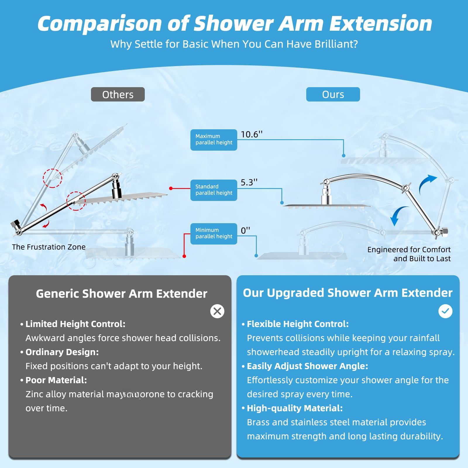 All Metal Rain Shower Head  8'' High Rainfall Square Showerhead With 16" Extension Arm Solid Brass Adjustable Extender Waterfall Fixed Showerheads Chrome