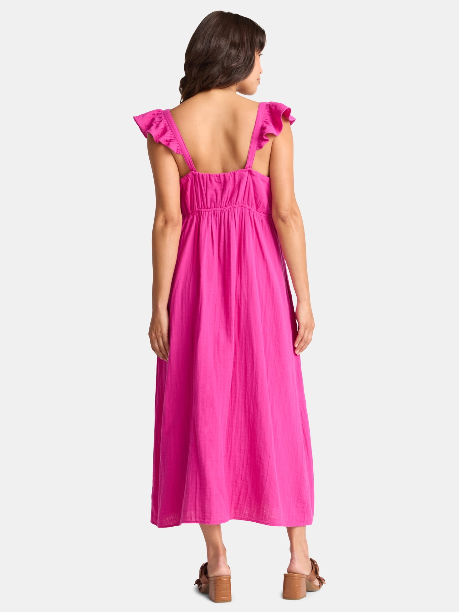 Time and Tru Women's Cotton Midi Dress with Flutter Sleeves, Sizes XS-XXXL