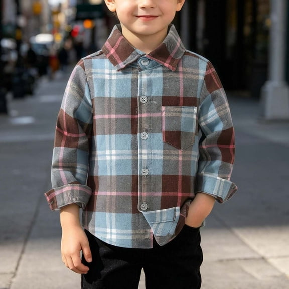Hduncf Boys Plaid Shirt Toddler Girls Long Sleeve Pocket Lapel Button Down Shirts Kids Fall Jacket Clothes Blue 1-2 Years
