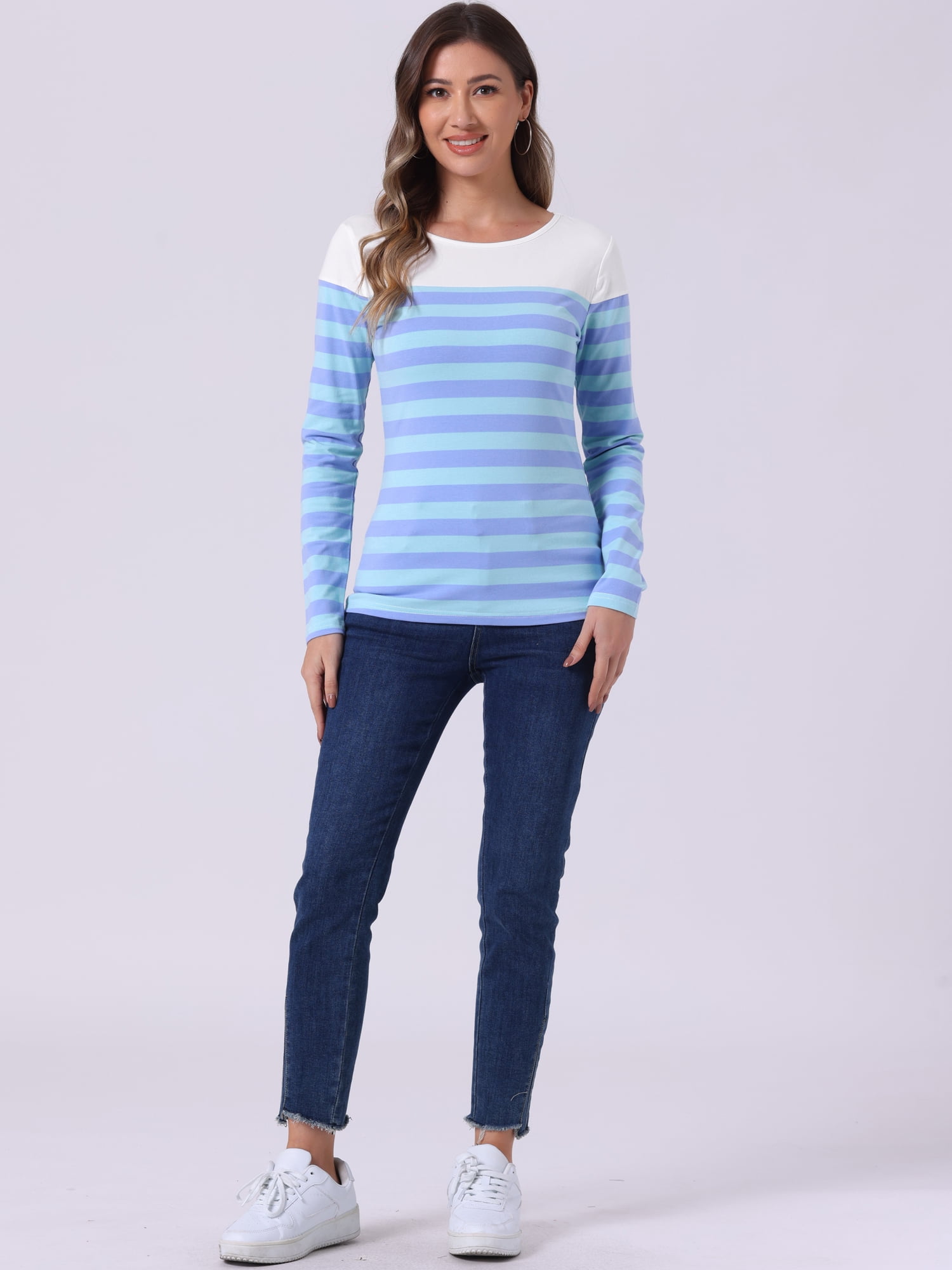 DARING DIVA Women's Color Block Striped Knit Top Long Sleeves T-Shirt L Dark Light Blue