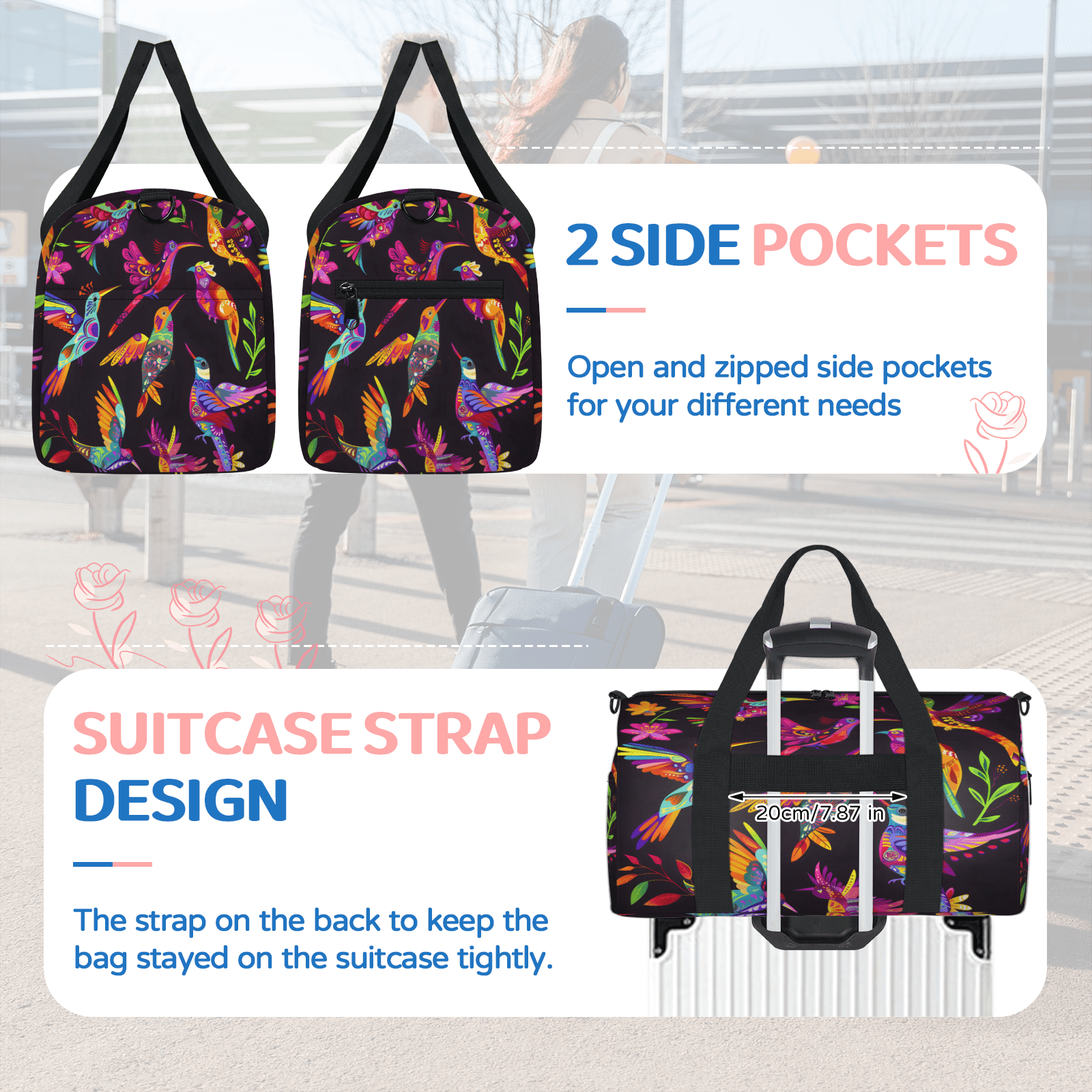 Herdesigns Colorful Hummingbird Gym Bag for Women, Duffle Bag for Travel Sport, Lightweight Waterproof Carry on Weekender Overnight Dance Yoga Workout Bags