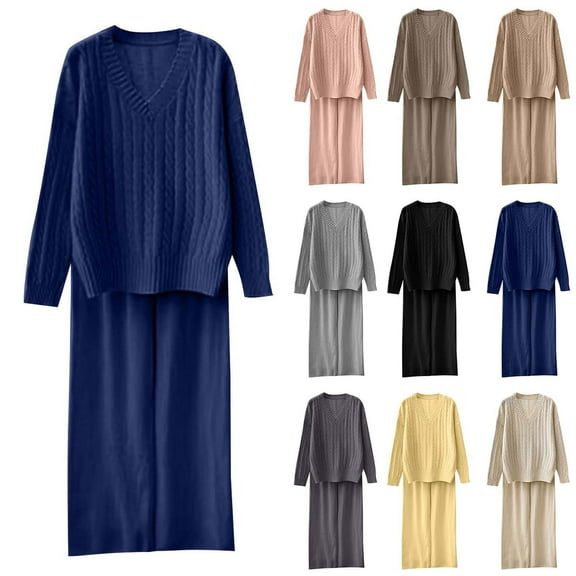 YOIAVAIOY Women's Knitted Lounge Set 2 Piece Outfits V Neck Sweater and Wide Leg Pants Set Fashion Casual Texture Matching Sets Dark Gray Free Size