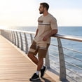 thumbnail image 4 of Havenx Men's Sets 2 Piece Outfits Short Sleeve Crew Neck T-Shirts Drawstring Elastic Waist Shorts Outfits with Pockets Color Block Set Summer Vacation Breathable Athletic Activewear,Coffee 4XL, 4 of 6