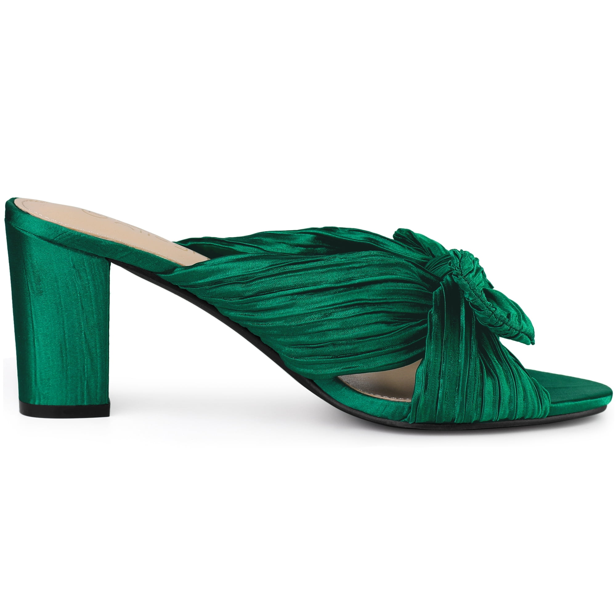 DARING DIVA Women's Pleated Bow Heels Slip on Chunky Heel Slouches Green 7