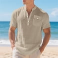thumbnail image 2 of Rggeeun Mens T-Shirts Solid Color Short Sleeve V Neck With Front Buttons & Pocket Trim Pleated Loose Fit For Summer Streetwear Stretchy Tops,Khaki,Xl, 2 of 8