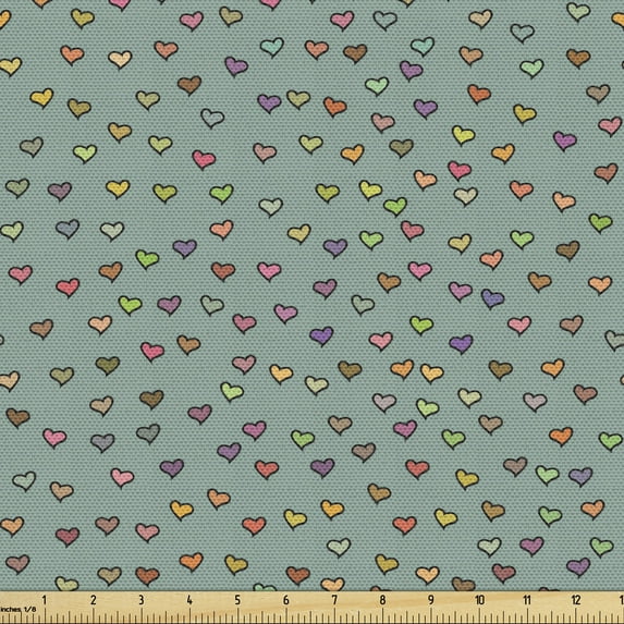 Hearts Fabric by the Yard Valentines Day Themed Doodle Hearts Love Friendship on Green Toned Background Decorative Upholstery Fabric for Sofas and Home Accents by Ambesonne