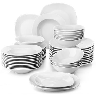 MALACASA Dinnerware Sets, Porcelain Dinner Set for 12, 48-Piece Square Ivory White, Series Elisa