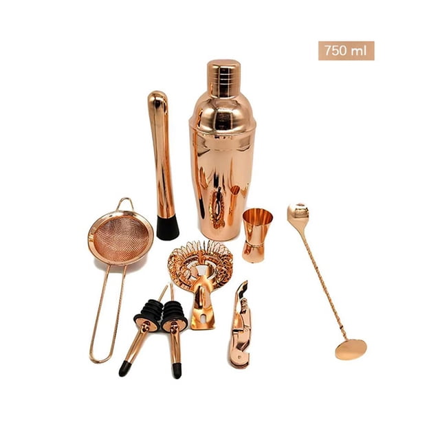 Naiovety Juego de 11 piezas, coctelera de oro rosa, marco de madera, taza medidora de acero inoxidable brillante, barra, cuchara, filtro de cóctel, Kits de equipo de elaboración de vino 750ml Naiovety HA024875-01