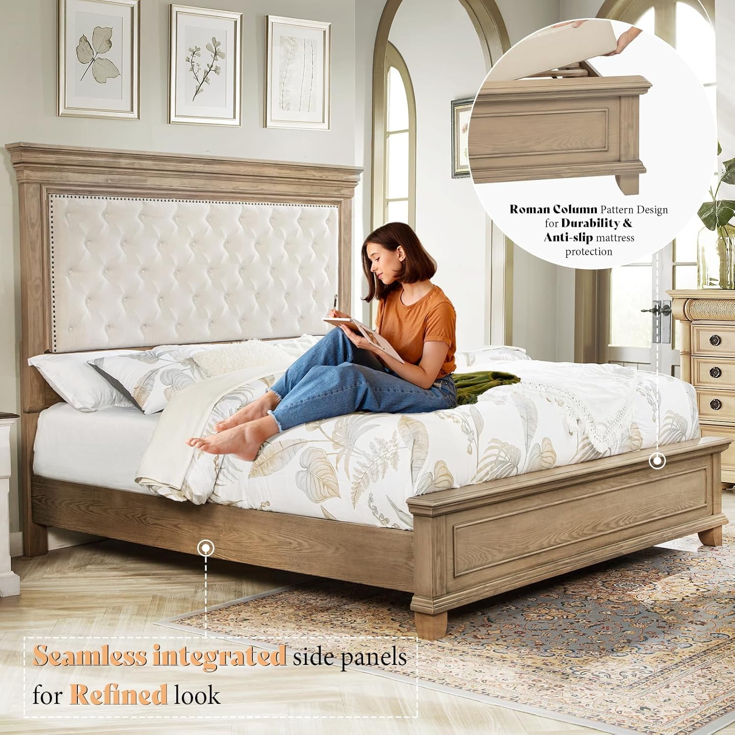 Merluxy 68.1" H King Size Bed Frame with Upholstered Headboard, Solid Wood Mid-Century Platform Bed, Architectural Design, Light Oak