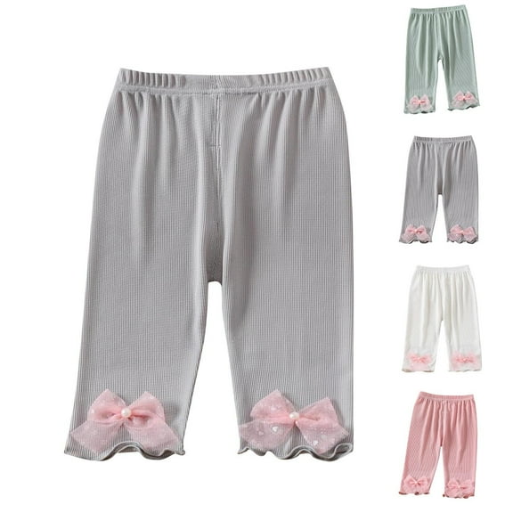 Toddler Girls Leggings Elastic Waist Solid Color Capri Pants Summer Casual Comfy Clothes With Lace Bow (1 Years, Gray)